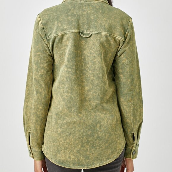 MYSTREE Mineral Wash Utility Shacket, Olive Green Button-Up Jacket - Picture 3 of 4